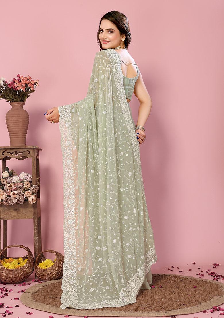 Pista Green Sequin Thread Embroidered Georgette Saree Set