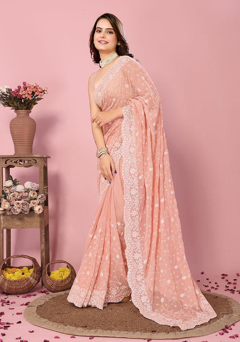 Peach Sequin Thread Embroidered Georgette Saree Set
