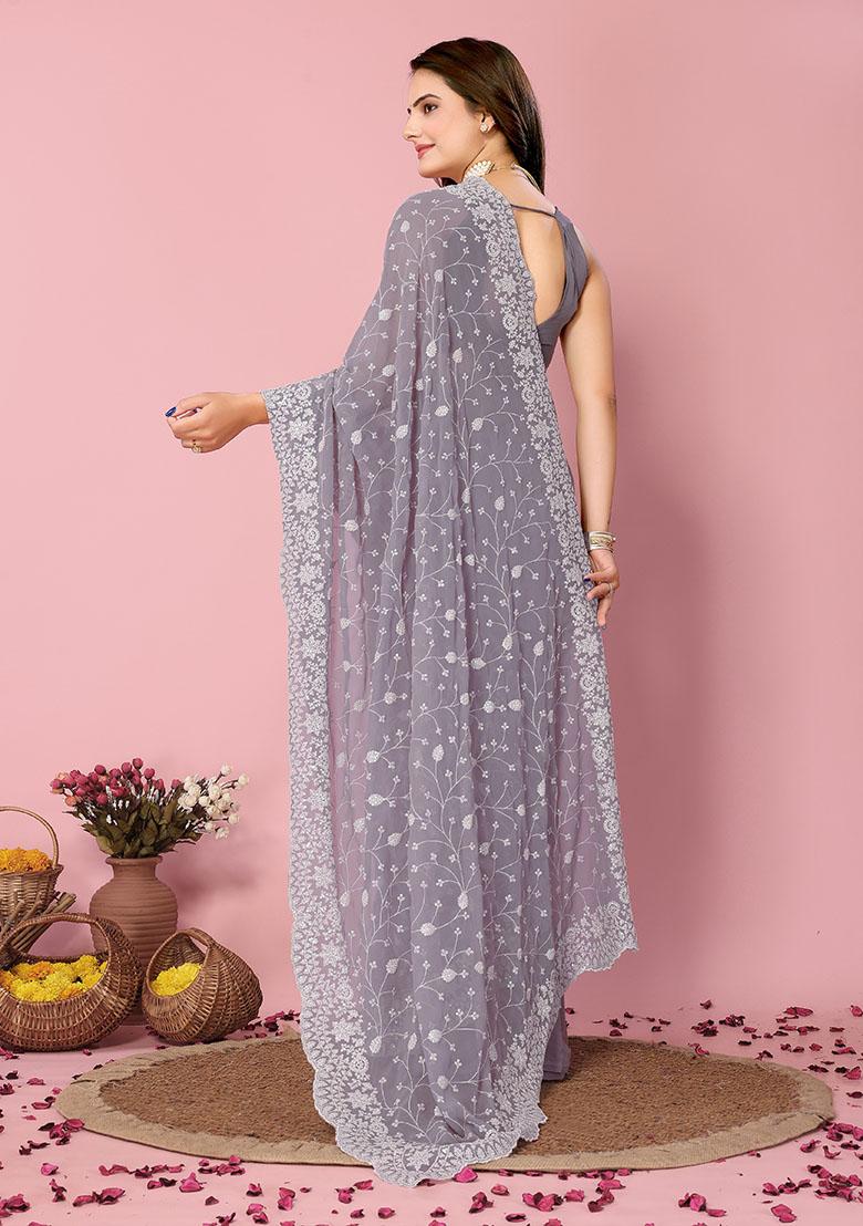 Purple Sequin Thread Embroidered Georgette Saree Set