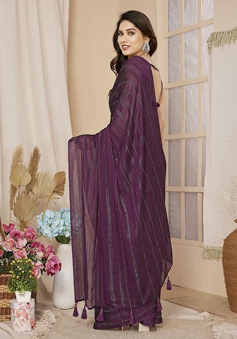 Wine Zari Woven Georgette Saree Set