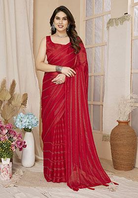 Red Zari Woven Georgette Saree Set