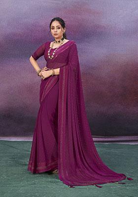 Purple Zari Woven Chiffon Saree Set