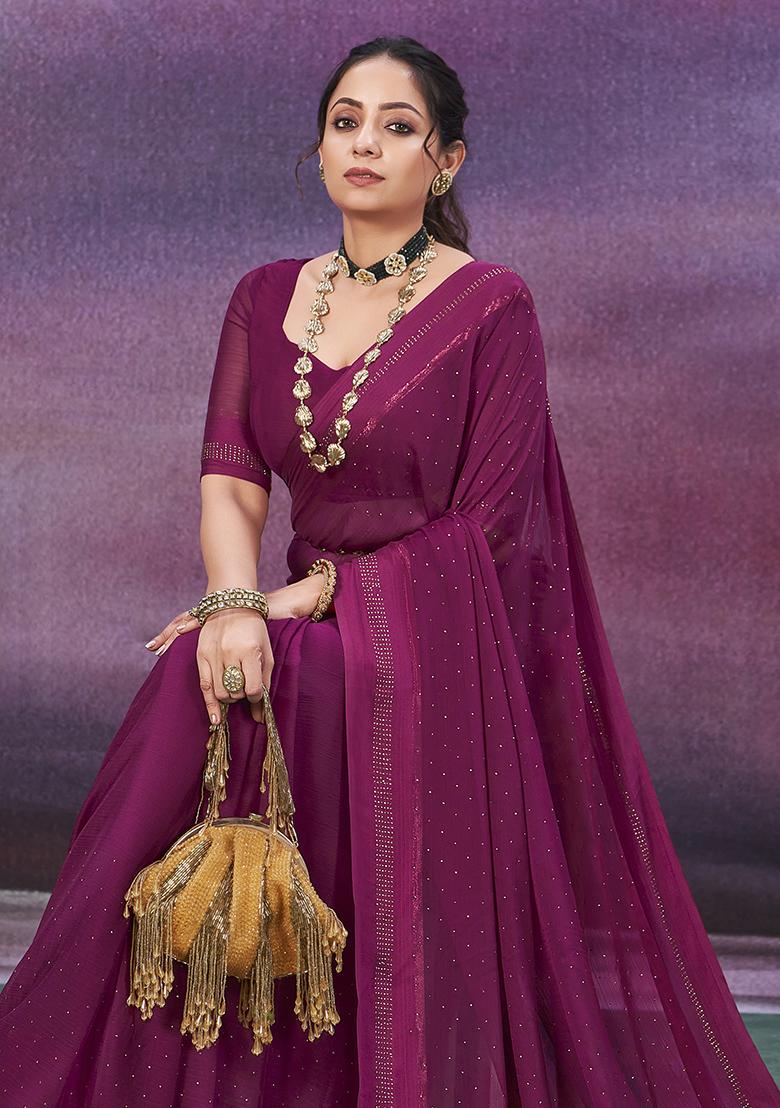 Purple Zari Woven Chiffon Saree Set