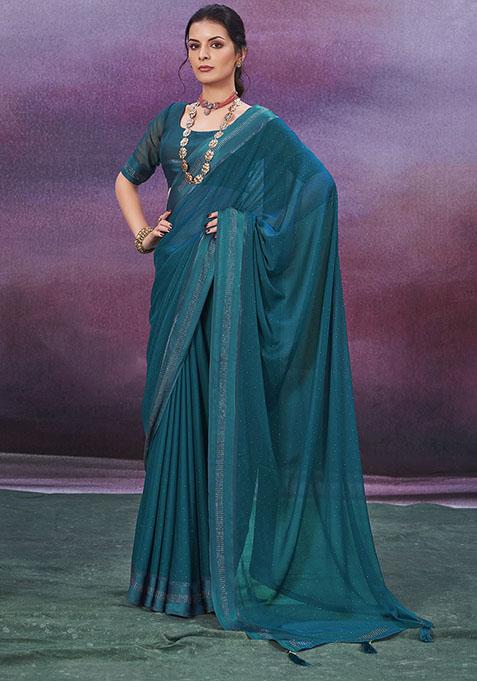Dark Teal Zari Woven Chiffon Saree Set