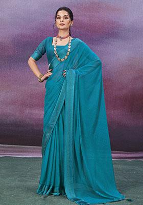 Peacock Blue Zari Woven Chiffon Saree Set