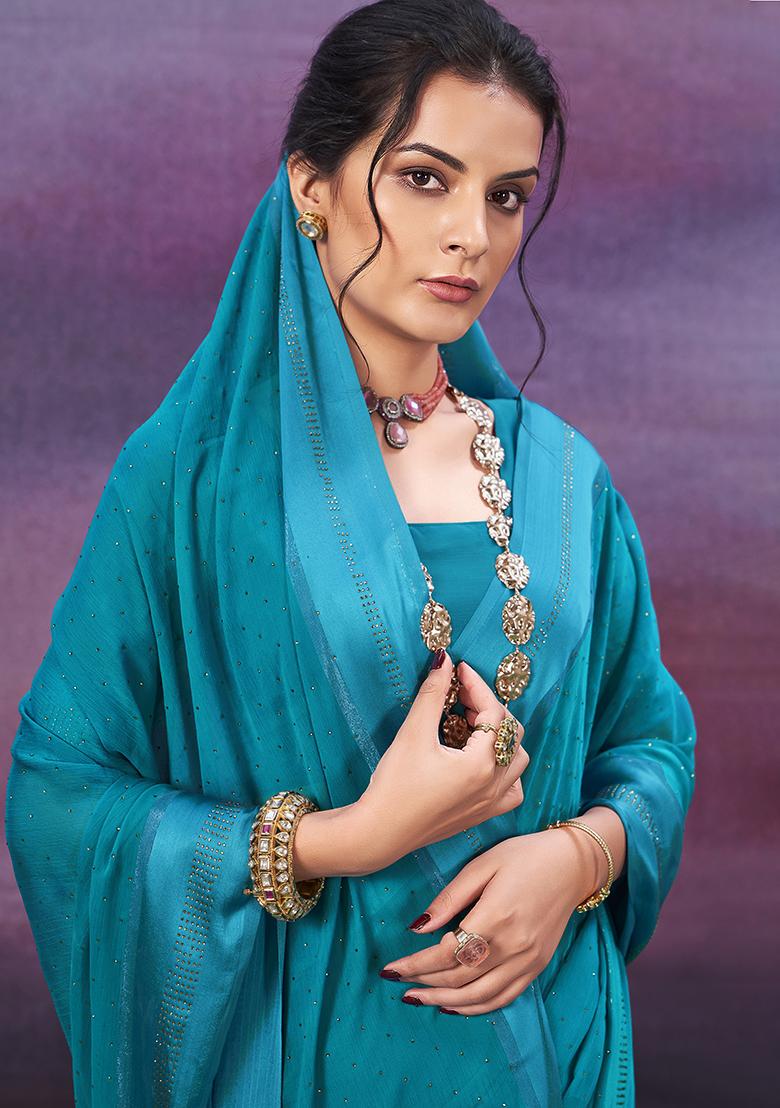 Peacock Blue Zari Woven Chiffon Saree Set