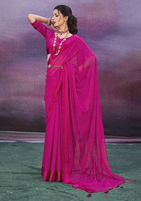 Burnt Pink Zari Woven Chiffon Saree Set