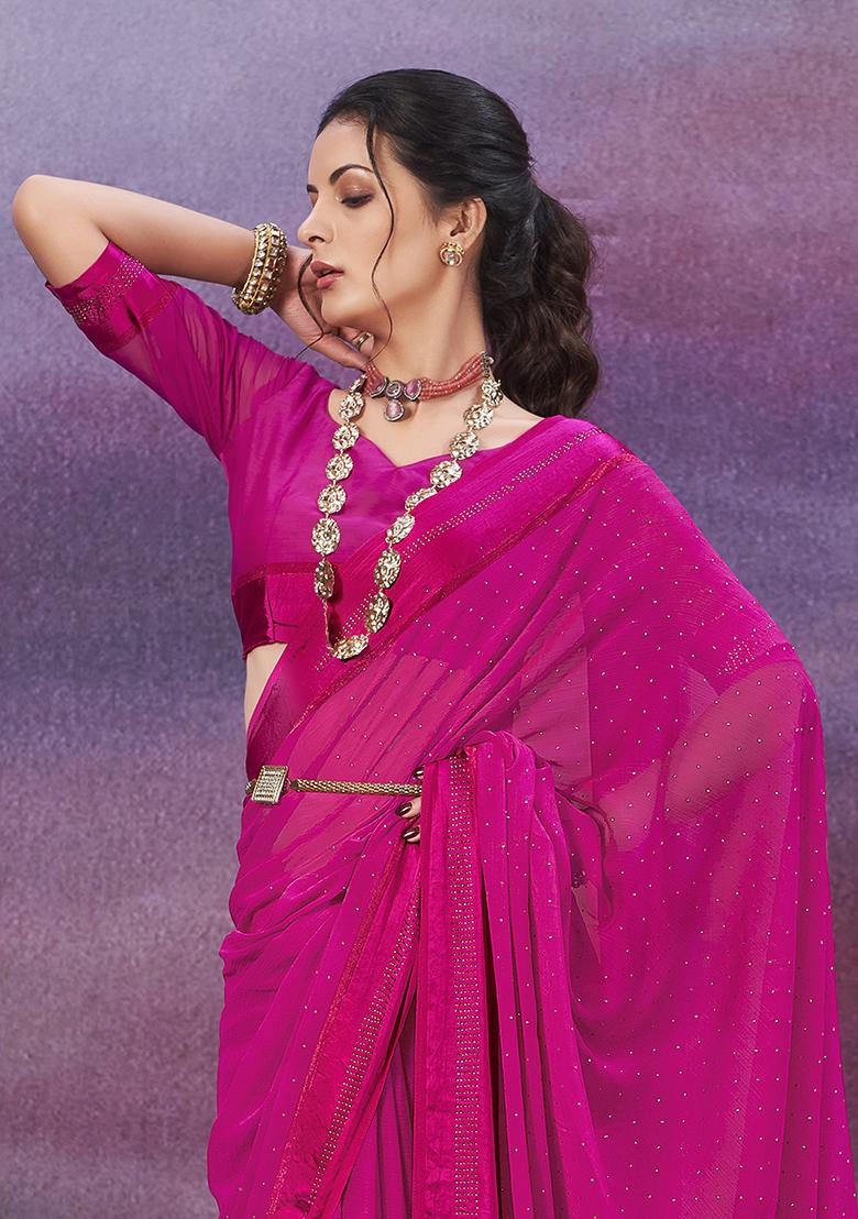 Burnt Pink Zari Woven Chiffon Saree Set