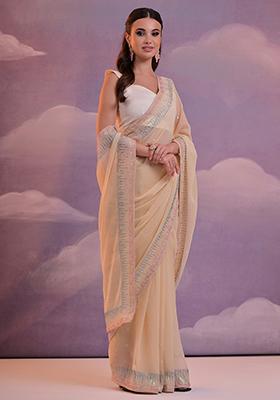 Beige Sequin Embroidered Georgette Saree Set