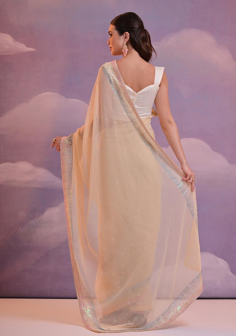 Beige Sequin Embroidered Georgette Saree Set