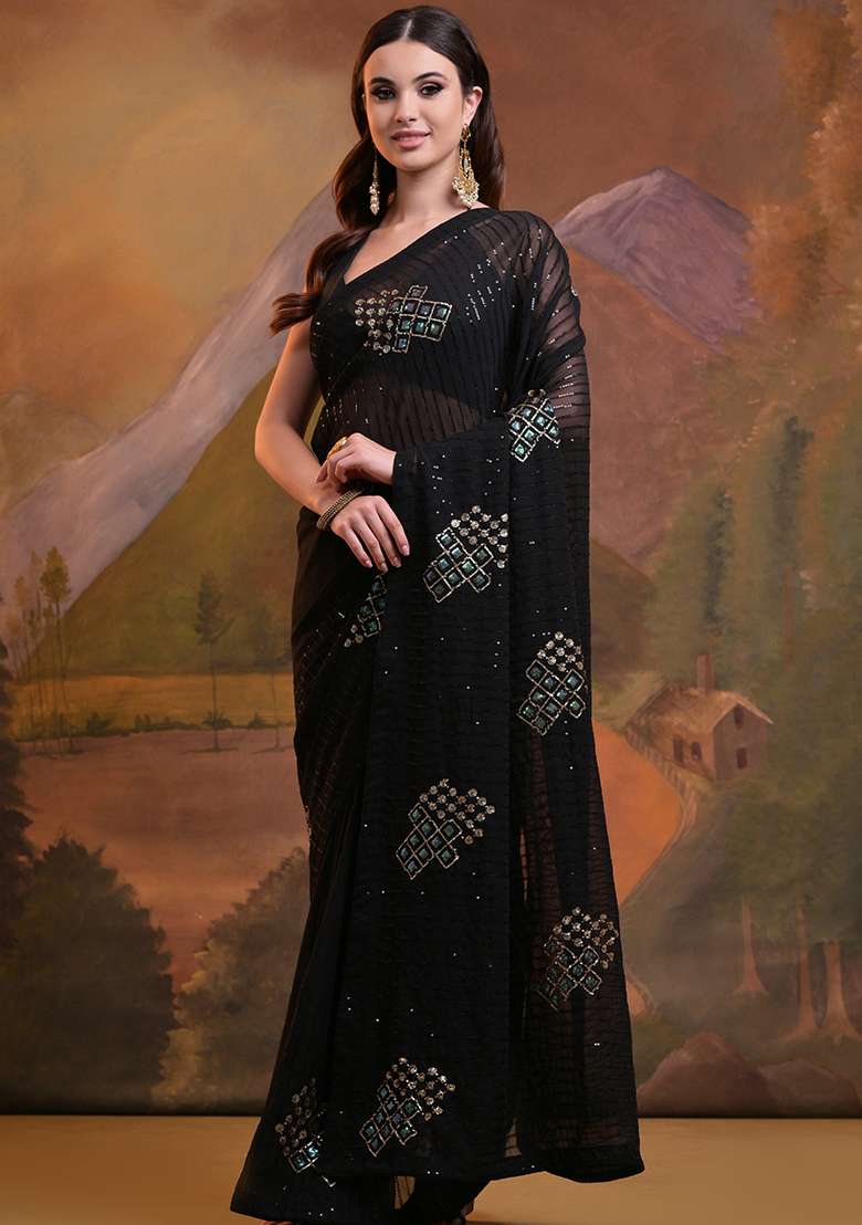 Black Sequin Embroidered Georgette Saree Set - Indya