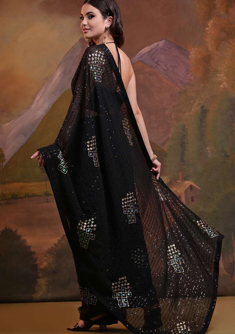 Black Sequin Embroidered Georgette Saree Set - Indya