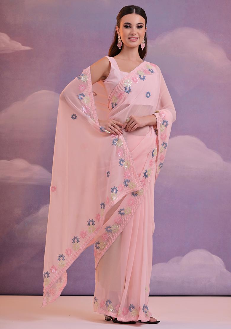 Pink Sequin Embroidered Georgette Saree Set