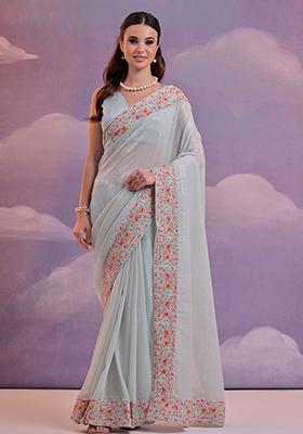 Sky Blue Sequin Embroidered Georgette Saree Set