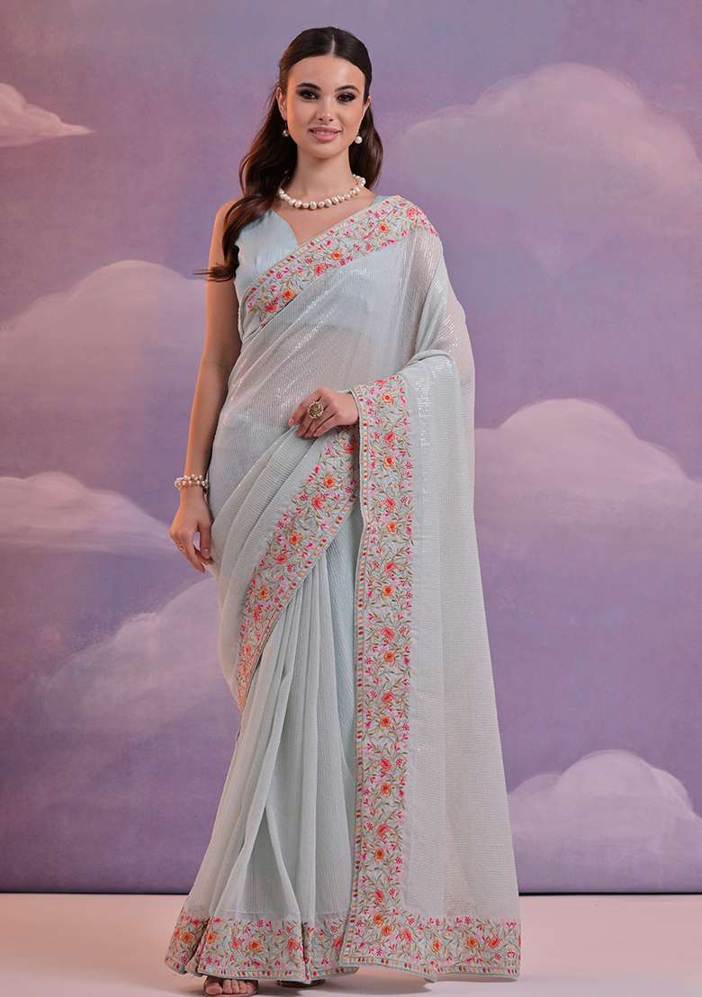 Sky Blue Sequin Embroidered Georgette Saree Set - Indya