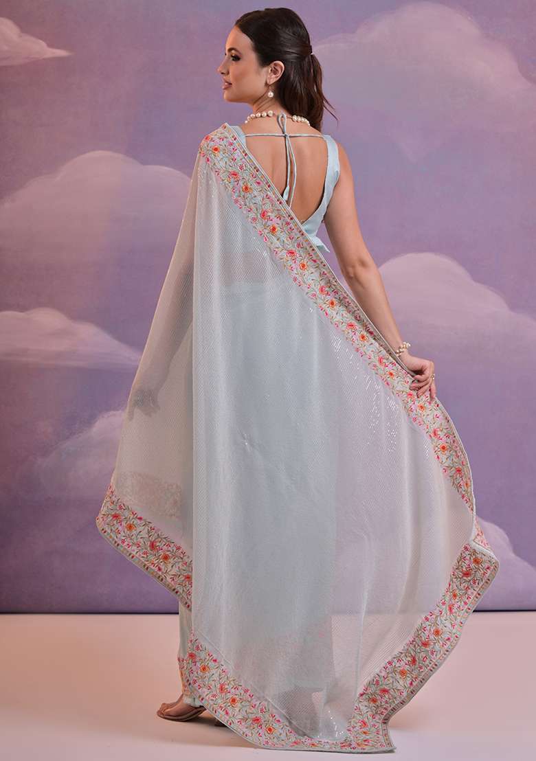 Sky Blue Sequin Embroidered Georgette Saree Set - Indya