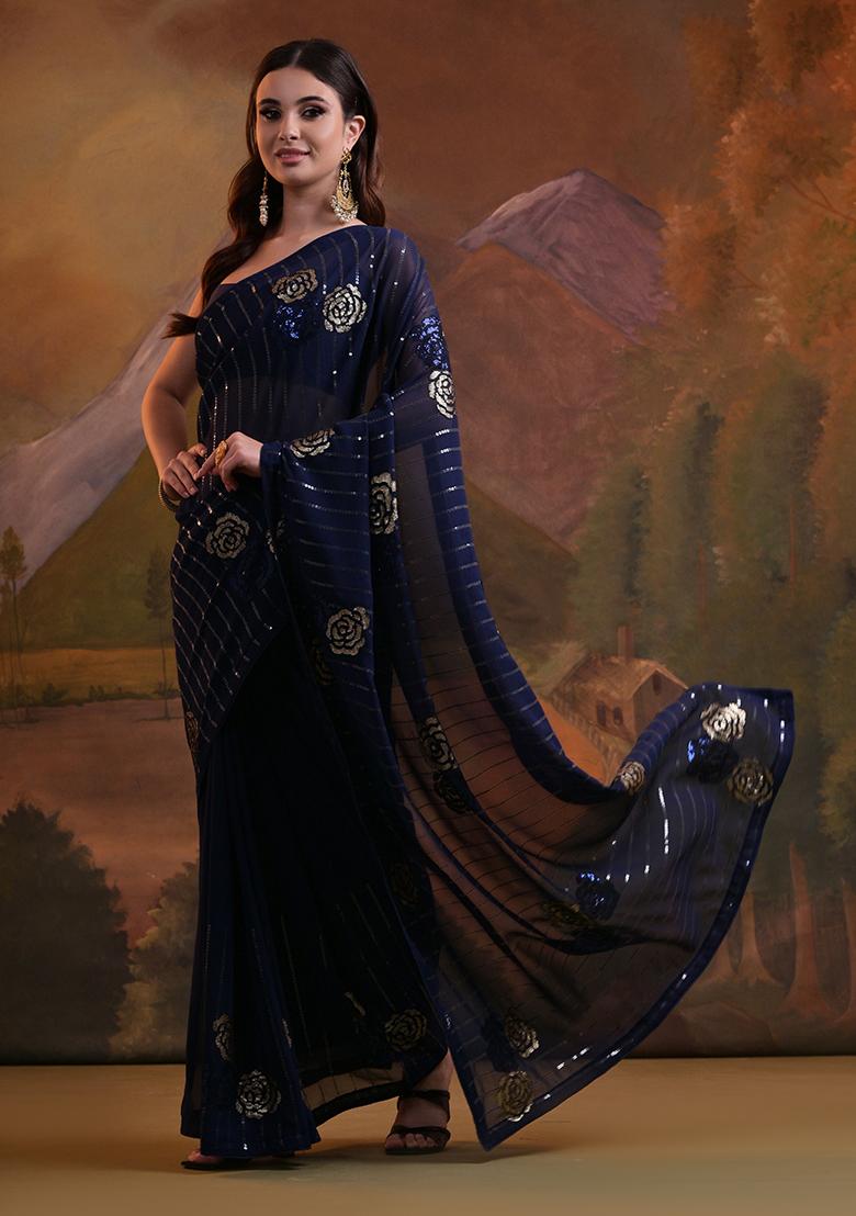Blue Sequin Embroidered Georgette Saree Set