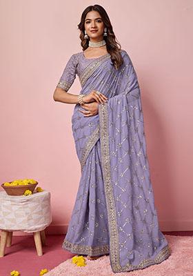 Purple Sequin Embroidered Georgette Saree Set