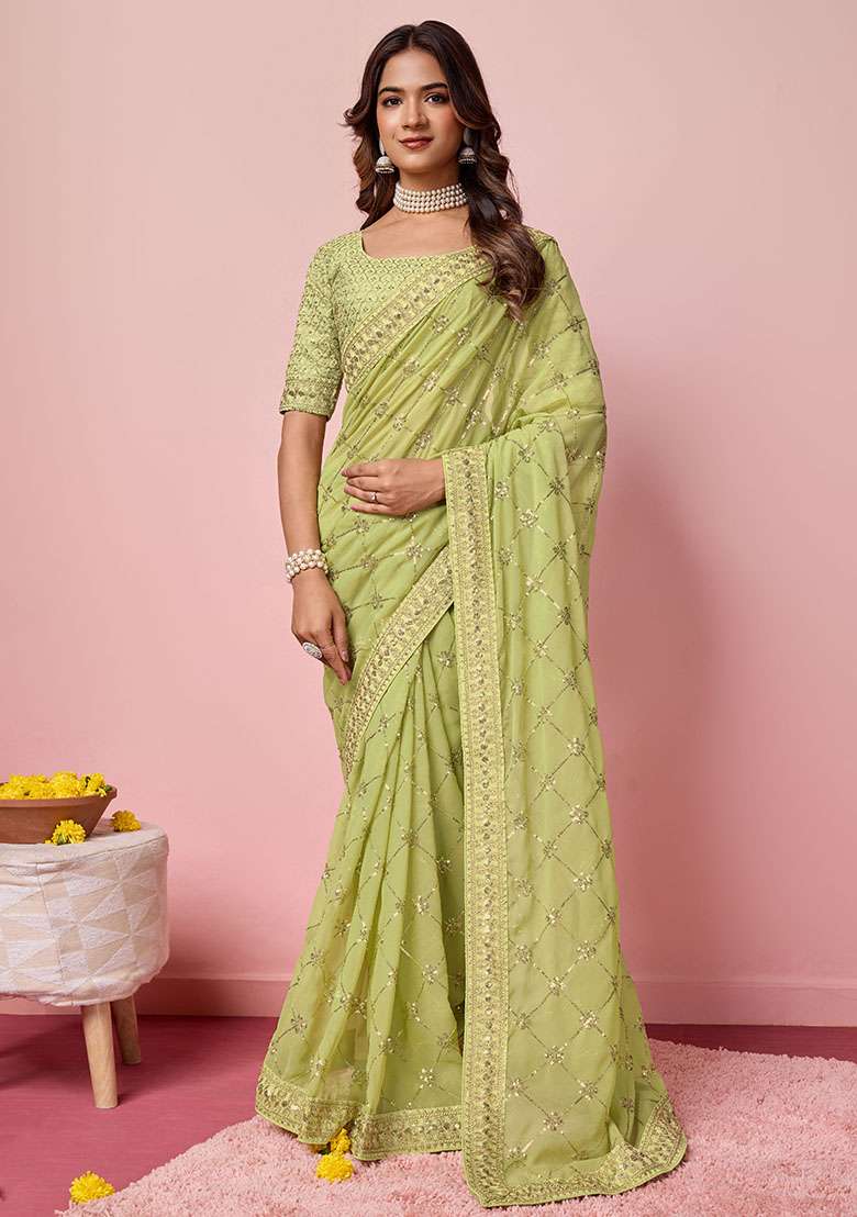 Green Sequin Embroidered Georgette Saree Set - Indya