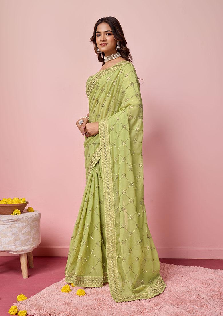 Green Sequin Embroidered Georgette Saree Set