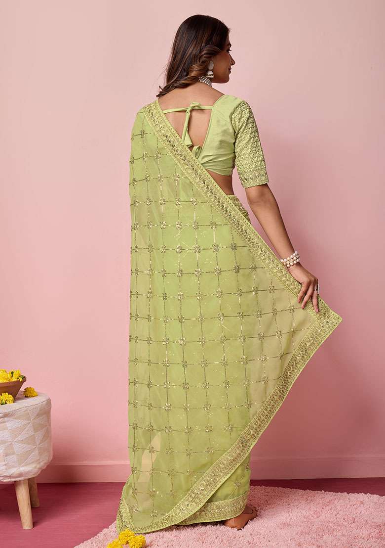 Green Sequin Embroidered Georgette Saree Set - Indya