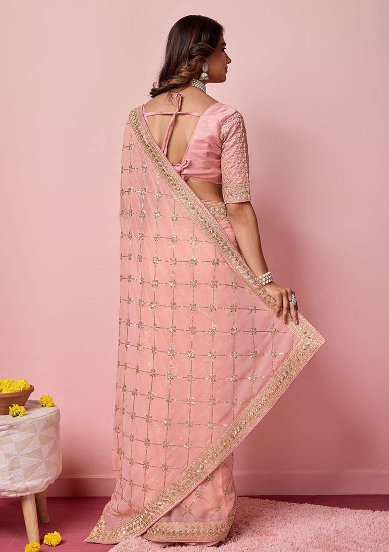 Pink Sequin Embroidered Georgette Saree Set