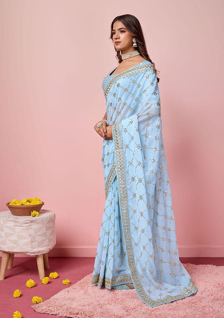 Sky Blue Sequin Embroidered Georgette Saree Set