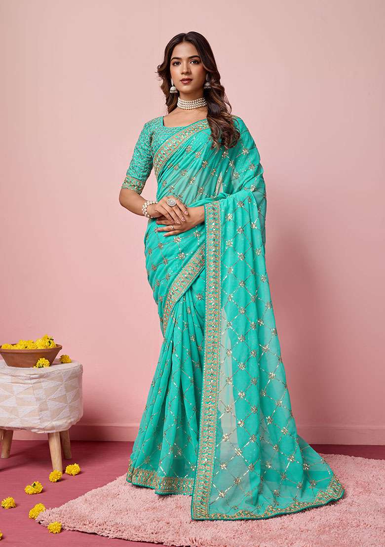 Sea Green Sequin Embroidered Georgette Saree Set - Indya