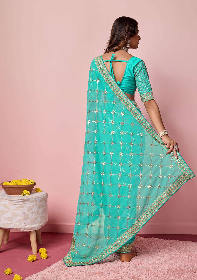 Sea Green Sequin Embroidered Georgette Saree Set - Indya