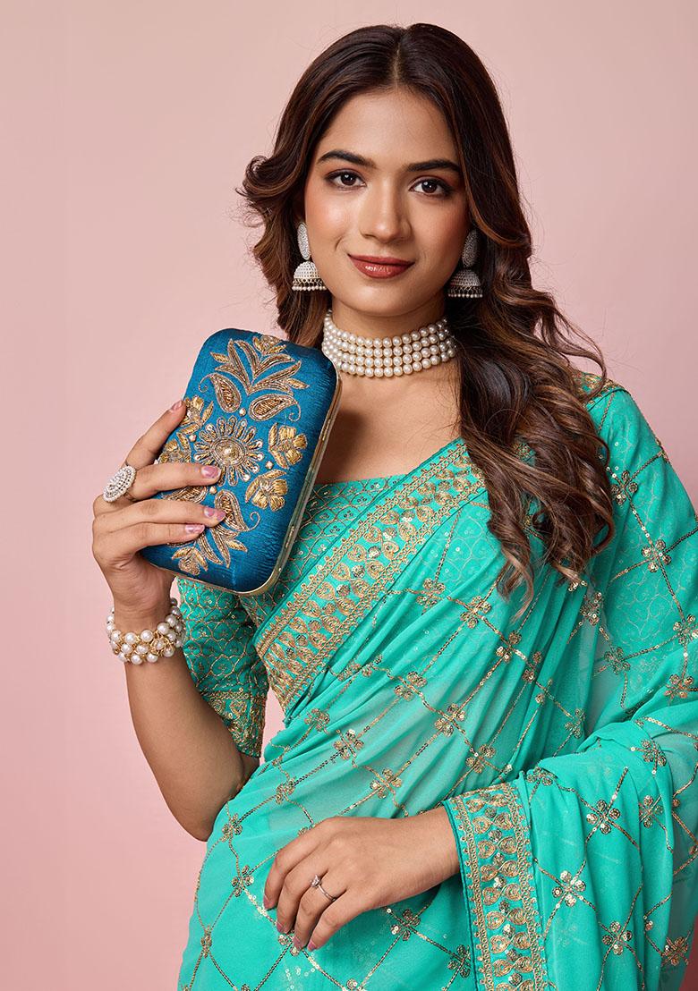 Sea Green Sequin Embroidered Georgette Saree Set