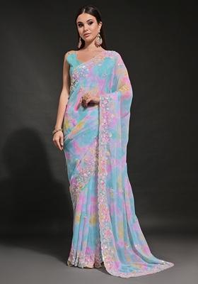 Blue Prizam Print Embroidered Georgette Saree Set