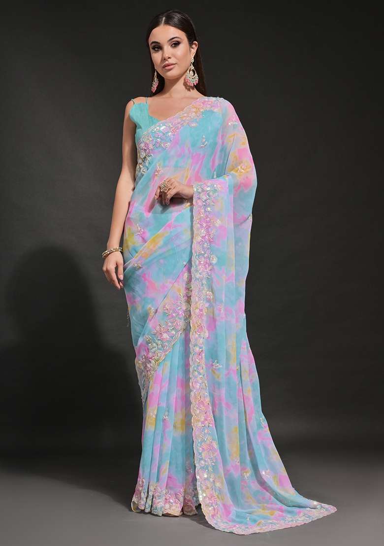 Blue Prizam Print Embroidered Georgette Saree Set - Indya