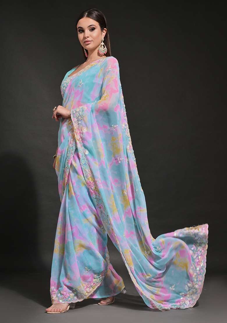 Blue Prizam Print Embroidered Georgette Saree Set - Indya