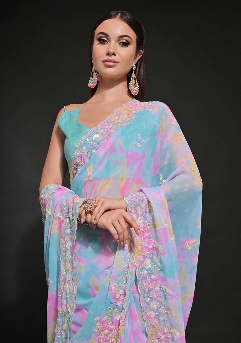 Blue Prizam Print Embroidered Georgette Saree Set - Indya