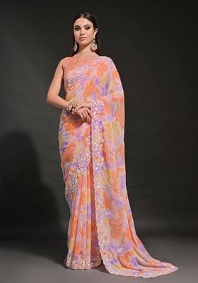 Orange Prizam Print Embroidered Georgette Saree Set