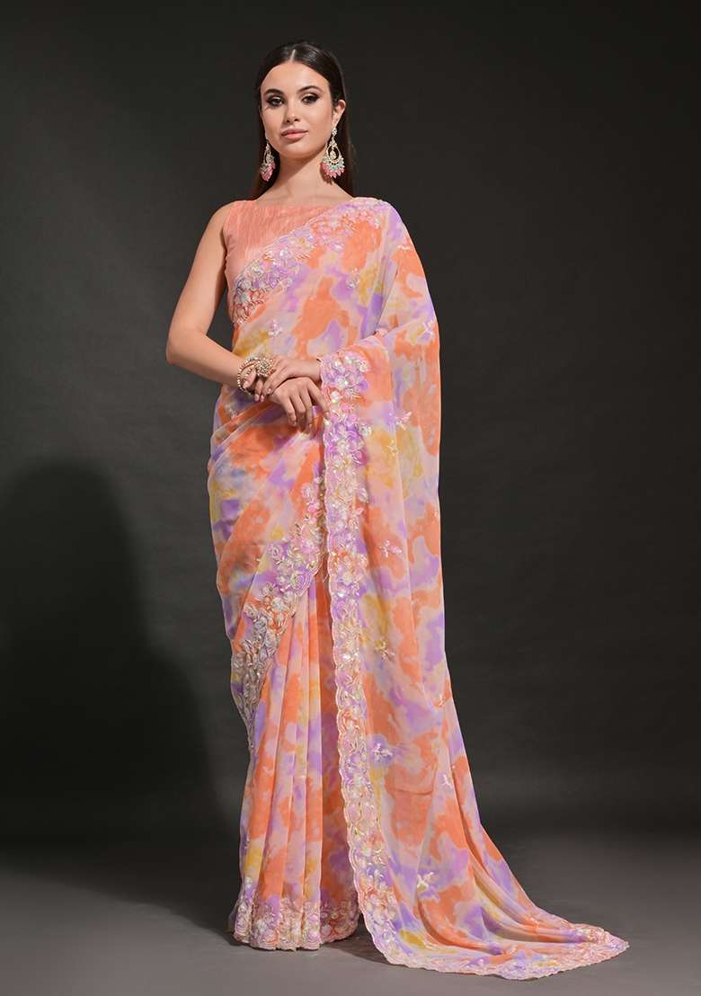Orange Prizam Print Embroidered Georgette Saree Set - Indya