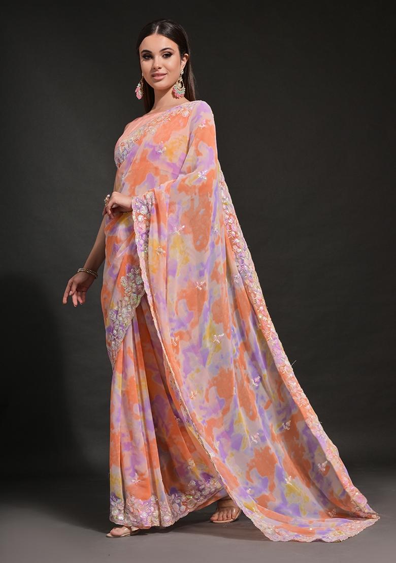 Orange Prizam Print Embroidered Georgette Saree Set
