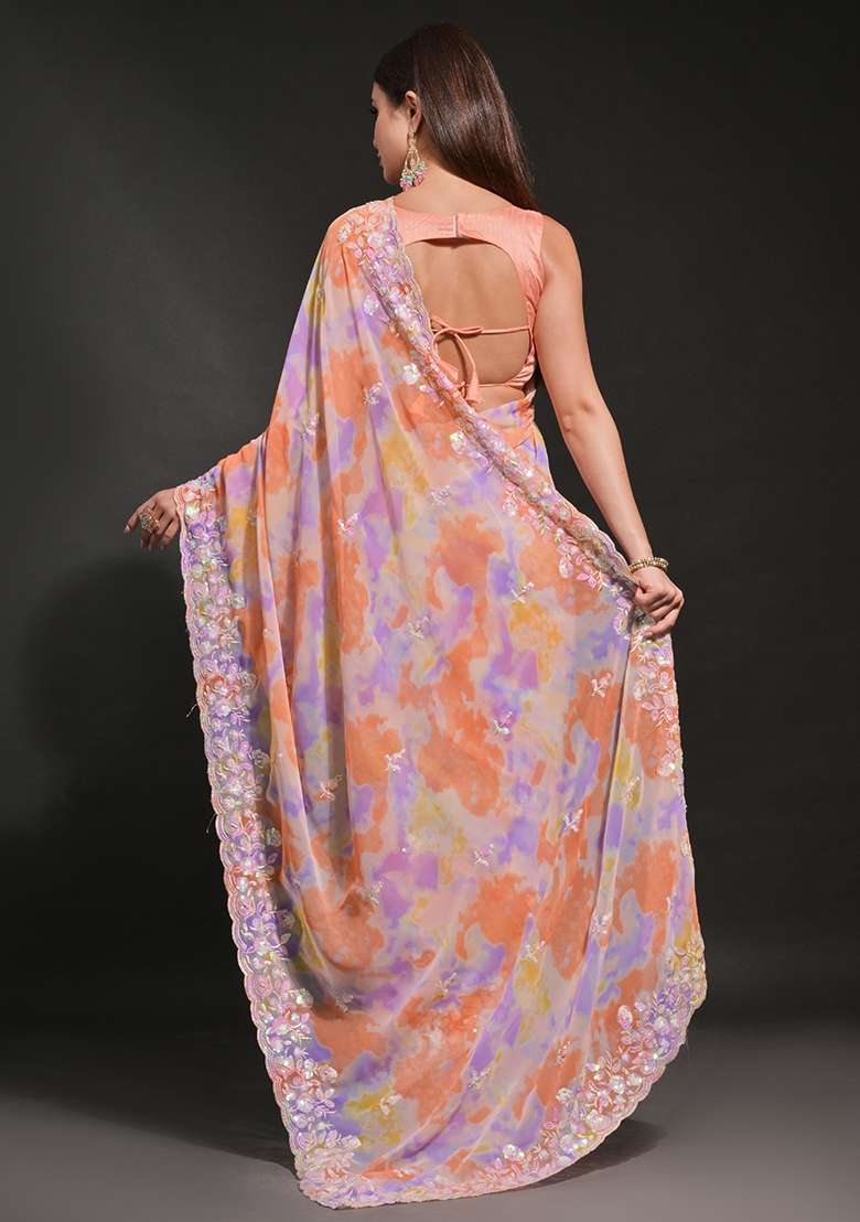 Orange Prizam Print Embroidered Georgette Saree Set - Indya