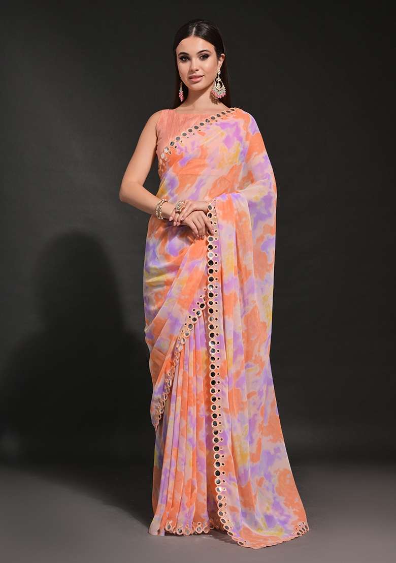 Orange Prizam Print Georgette Saree Set - Indya