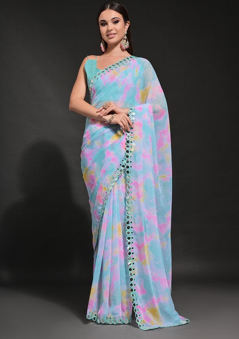 Blue Prizam Print Georgette Saree Set