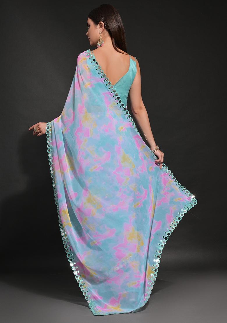 Blue Prizam Print Georgette Saree Set