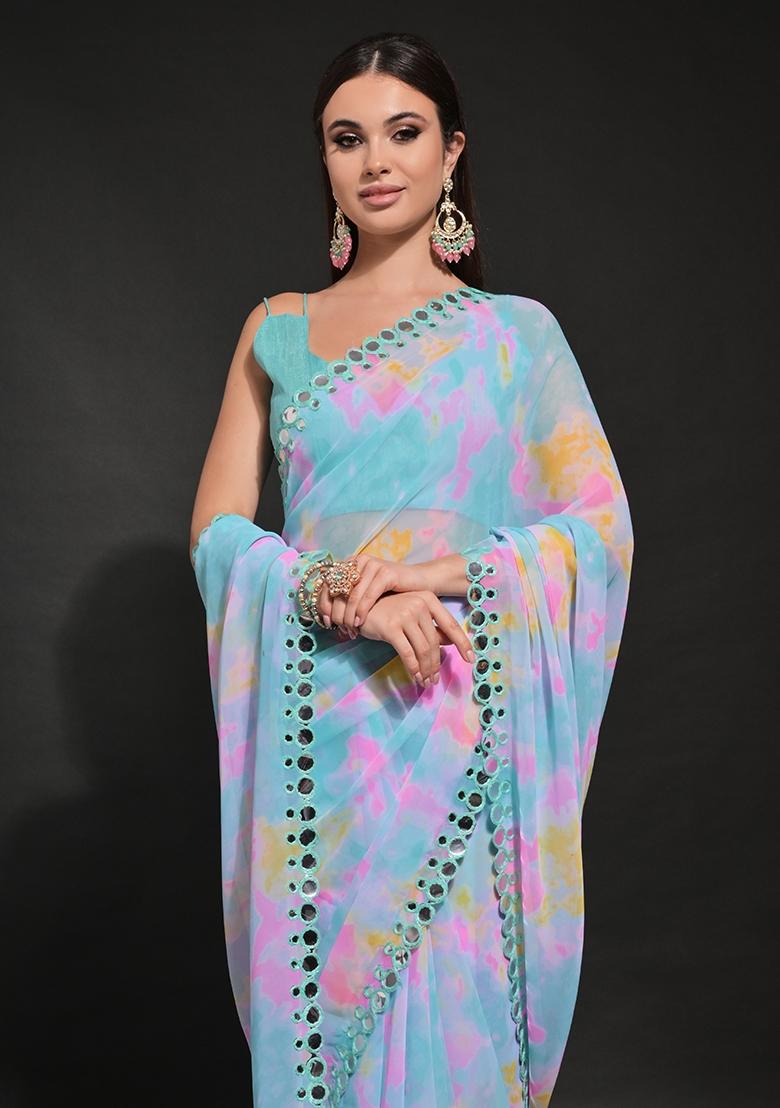 Blue Prizam Print Georgette Saree Set