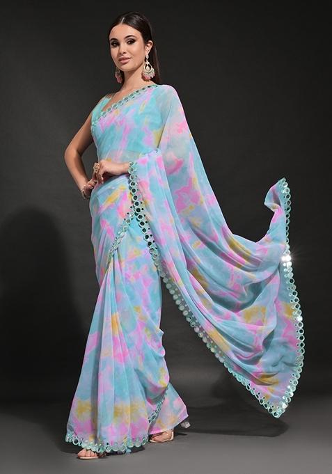 Blue Prizam Print Georgette Saree Set