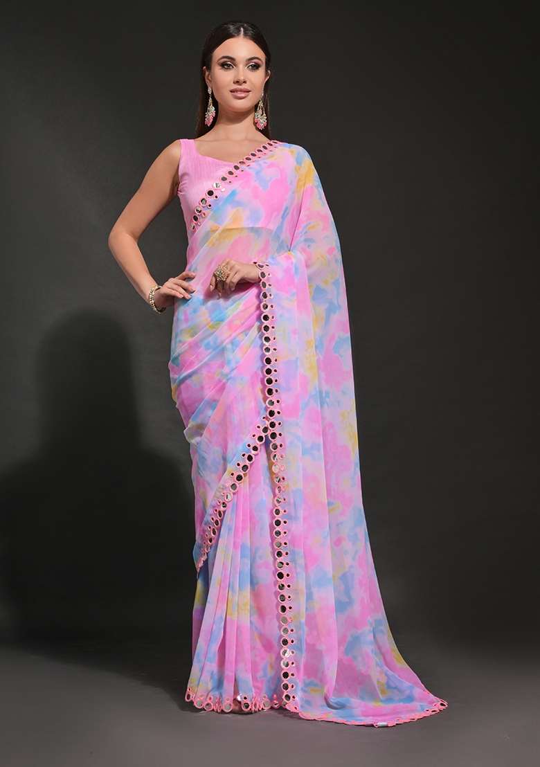 Pink Prizam Print Georgette Saree Set - Indya