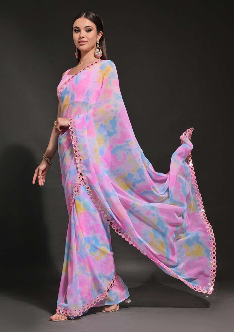 Pink Prizam Print Georgette Saree Set - Indya
