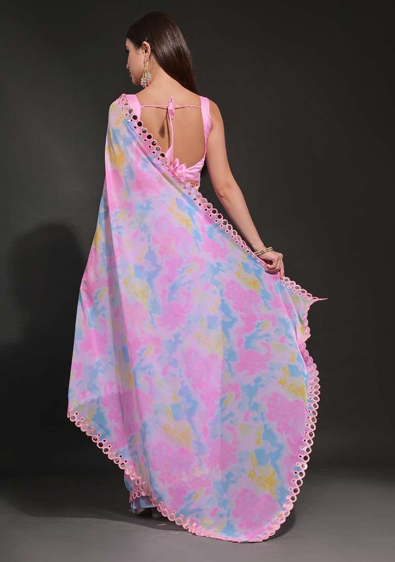 Pink Prizam Print Georgette Saree Set - Indya