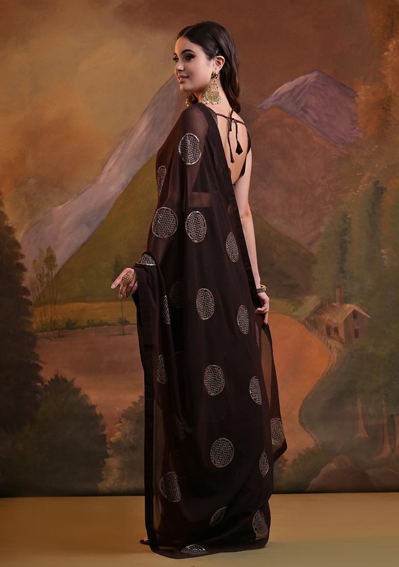 Coffee Brown Sequin Embroidered Georgette Saree Set