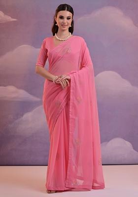 Pink Sequin Embroidered Georgette Saree Set