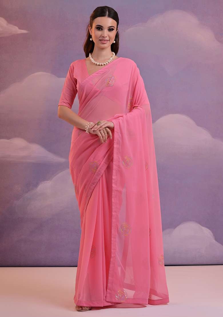Pink Sequin Embroidered Georgette Saree Set - Indya