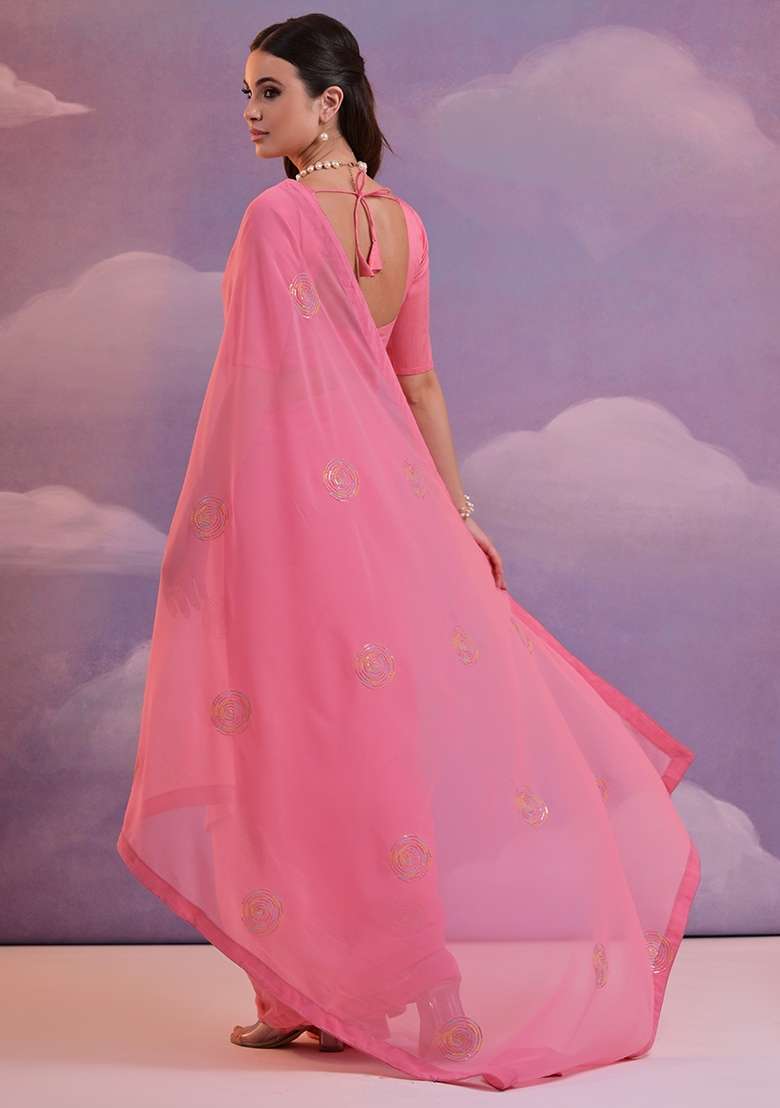 Pink Sequin Embroidered Georgette Saree Set - Indya